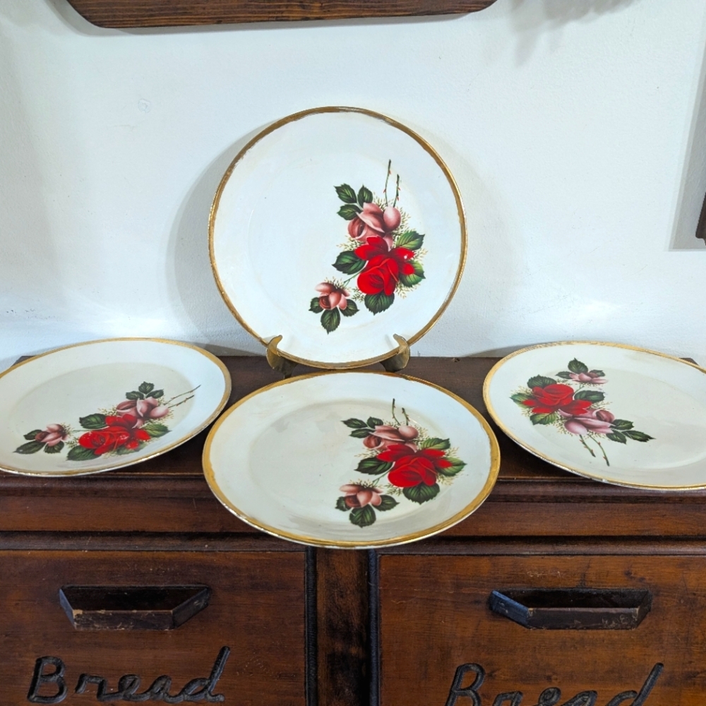 Read! Vintage Handmade Red Pink Rose Design Decor Plates Mid Century Modern